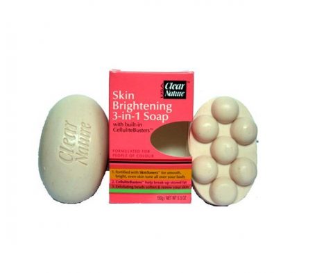 Clear Nature Original Skin Brightening 3-in-1 Soap effectively balances skin tone, smoothes and softens in one easy step. It is infused with an advanced blend of skin toners to leave an even tone. Aloe Vera, Oat, Apricot and Luffa extracts to help brighten and illluminate discolorations for a lovely complexion. Enriched with Cellulite busters which are the nubs on the underside of the soap used to break-up stored excess fat in your thighs, arms and rear. Simply rub soap nubs in a circular motion whereever you have dimpled skin. This beautiful soap is also infused with exfoliating beads which relieve your body of dead skin cells. Perfectly exfoliates. Natural glowing complexion. Rich lather & washes off easily. Skin Brightening. Clears dark patches, pimples,dark spots Helps break-up stored fat Softens,smoothens & moisturizes. Longlasting. Directions: For use in the shower or bath. Work soap into a rich lather after cleansing. Rub soap with nubs against skin wherever cellulite occur. 5.3 oz